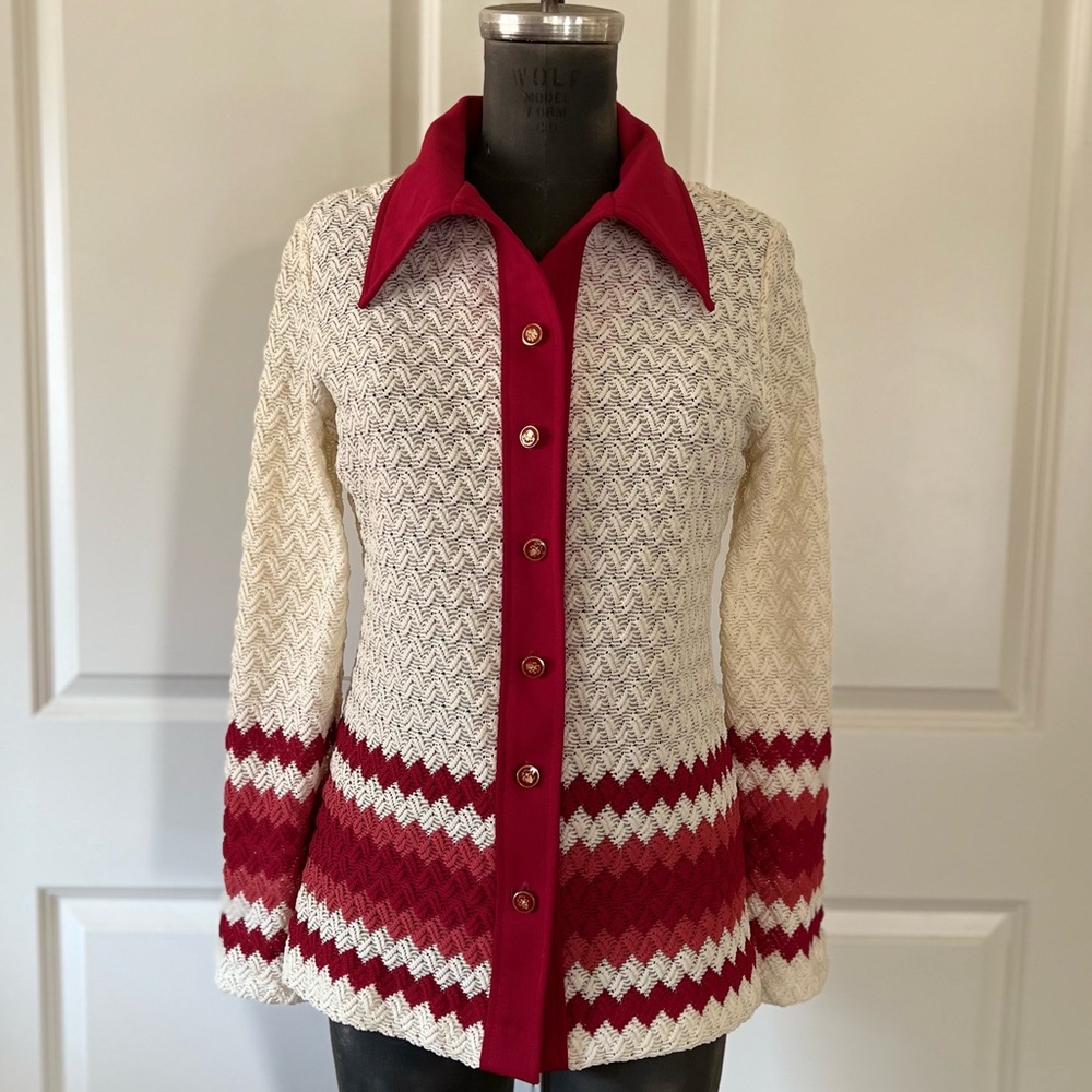 Vintage Empress Sports Red & Ivory Textured Knit Jacket | Size 14